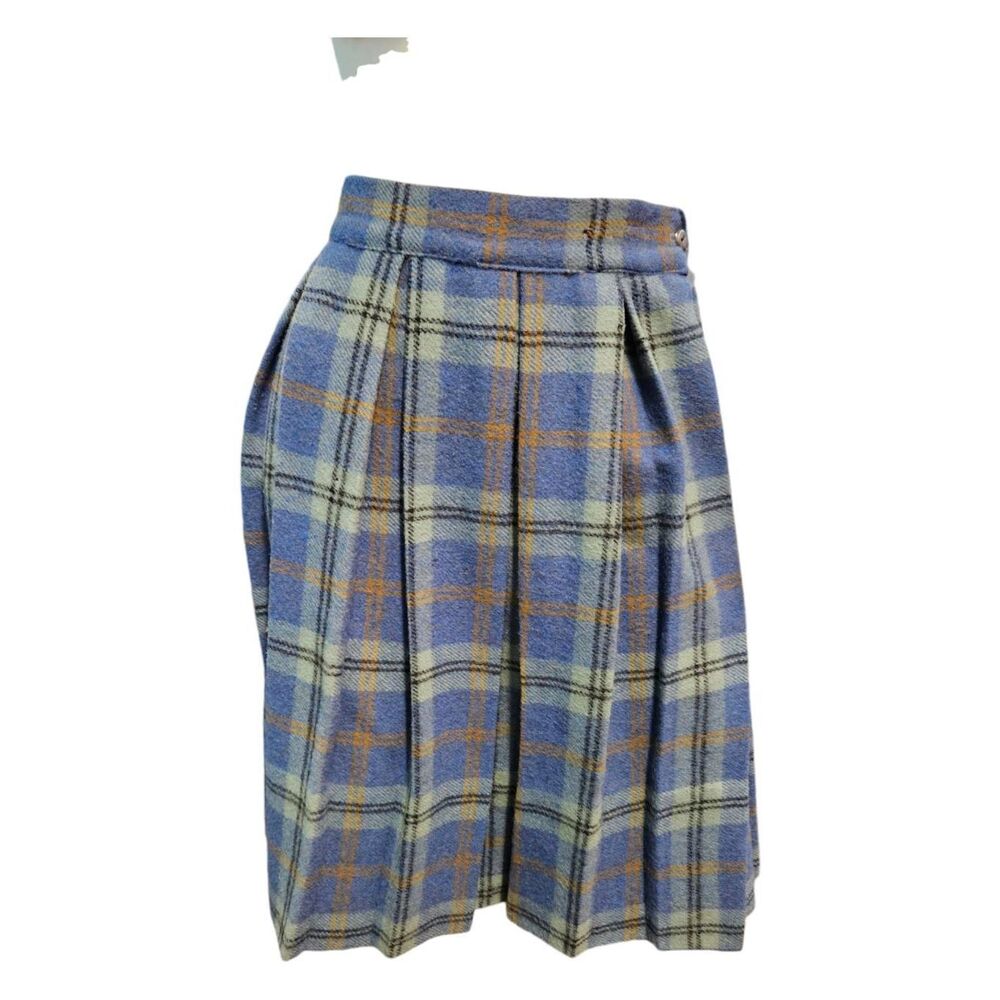 Vintage Pleated Wool Skirt XS 23 Blue Plaid